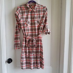 Old Navy Shirt Dress Shift +Belt~Coral Brown White Plaid Cotton~Sleeve Options~M